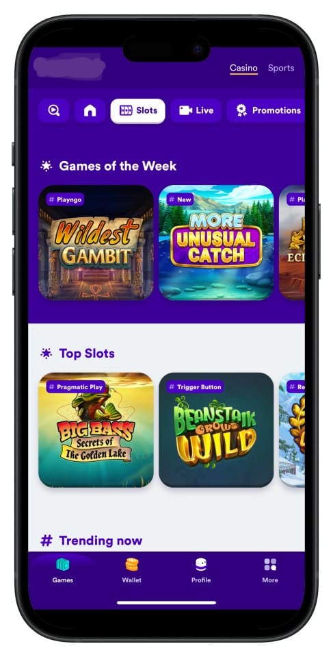 Screenshot showing 4777bd App interface with intuitive menus and game choices